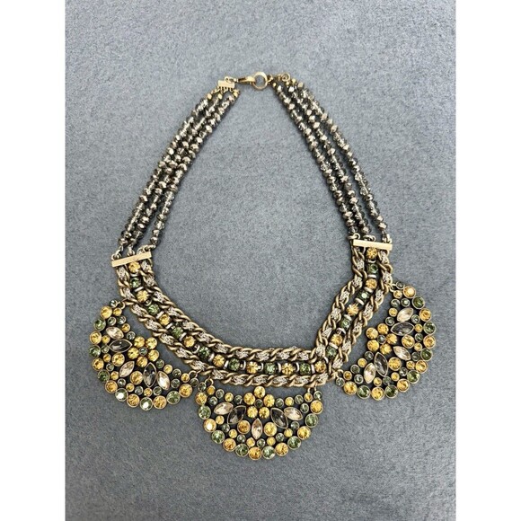 Vintage Statement Rhinestone Collar Necklace Citrine Green Costume 3 Strand Bead - Picture 3 of 9